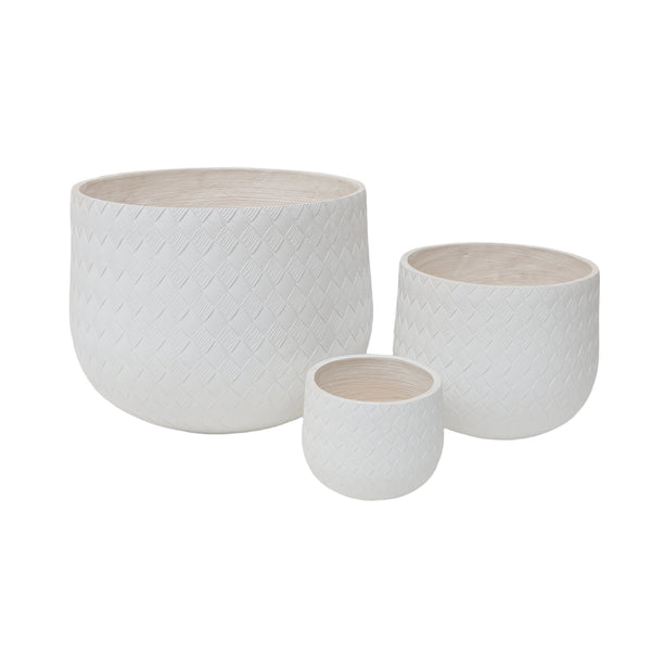 English Elm Assorted Round Magnesium Oxide Planters Woven Texture White Set of 3 with Drainage W5212P434202