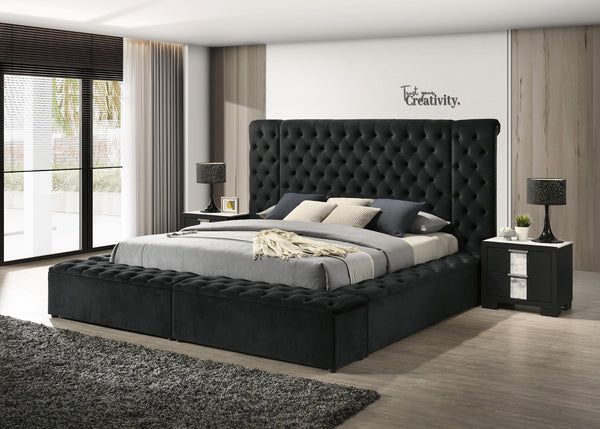 English Elm Luxurious Round Queen Bed with Velvet Tufted Headboard, Studded Accents and Hidden Storage Space Black 40.5 L x 72 W x 9 H B011S01649