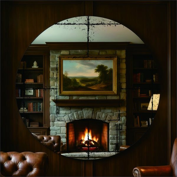 English Elm Round Iron Framed Wall Mirror with Weathered Etched Detail for Living Room or Foyer W3935P406810