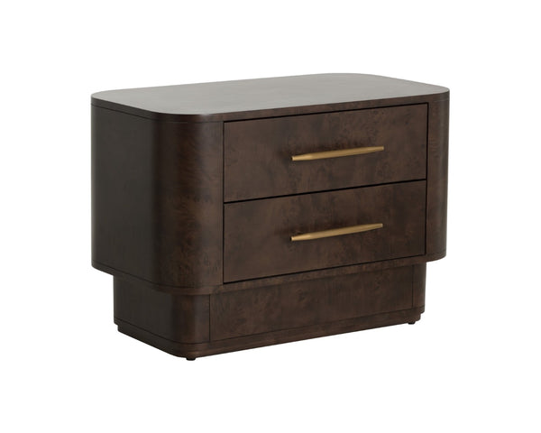 Sunpan EZEKIEL Nightstand - Chic Maple Burl Veneer with Soft-Close Drawers and Brushed Gold Accents 112139