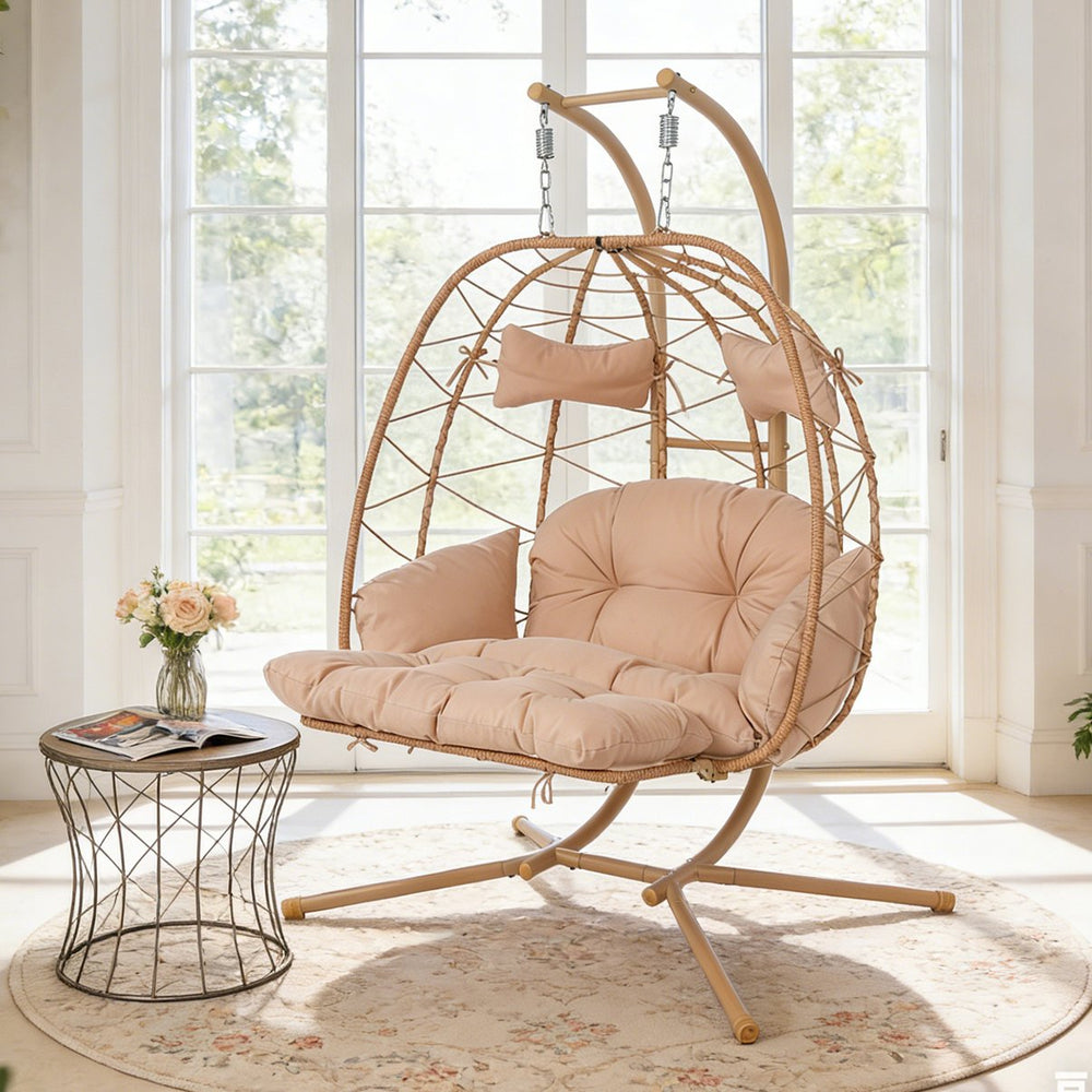 English Elm 2 Person Wicker Hanging Egg Chair with Stand Padded Swing for Patio Garden T5880P500215