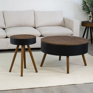 English Elm 31.5-inch Round Carved Wood Coffee Table Vintage Distressed Finish Living Room Accent W3935P406032