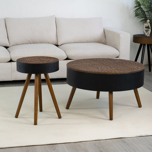 English Elm 31.5-inch Round Carved Wood Coffee Table Vintage Distressed Finish Living Room Accent W3935P406032