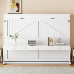 English Elm Queen Murphy Bed Cabinet with Vanity Desk Hydraulic Lift Mirror Distressed Finish White LP000766AAK-1