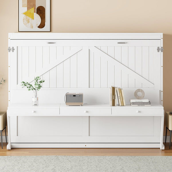 English Elm Queen Murphy Bed Cabinet with Vanity Desk Hydraulic Lift Mirror Distressed Finish White LP000766AAK-1