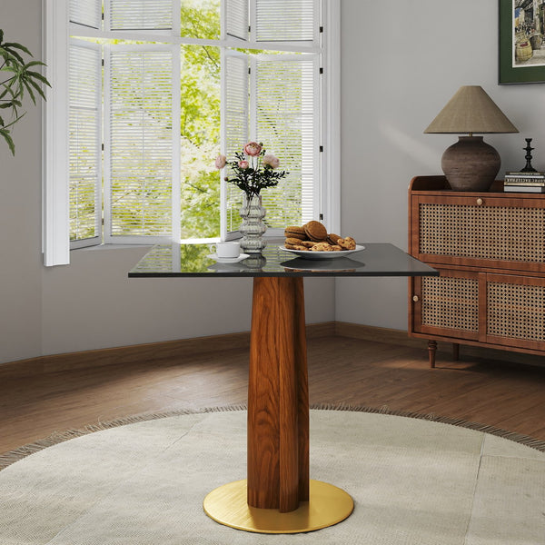 English Elm Modern Square Dining Table, 33.5" Glass Top With Wooden Legs & Gold Base - Stylish, Space-Saving Design W1535S00605