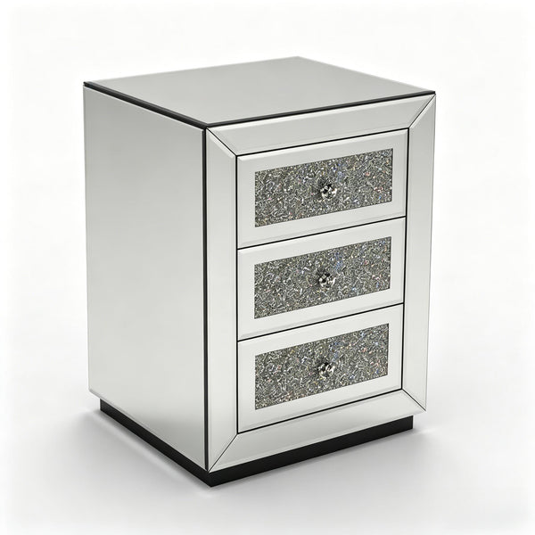 English Elm 3-drawer Mirrored Nightstand with Glitter Glam Silver Finish for Bedroom or Entryway W3935P462091