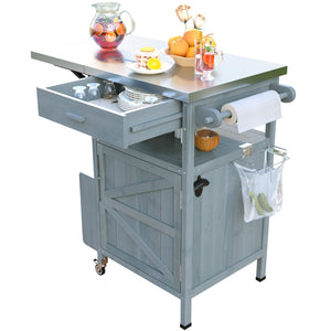 English Elm K&K 40.5" Outdoor Grill Cart with 201 Stainless Top, Solid Fir Storage, Drop Leaf & Lockable Wheels Blue+Grey N707P228272G