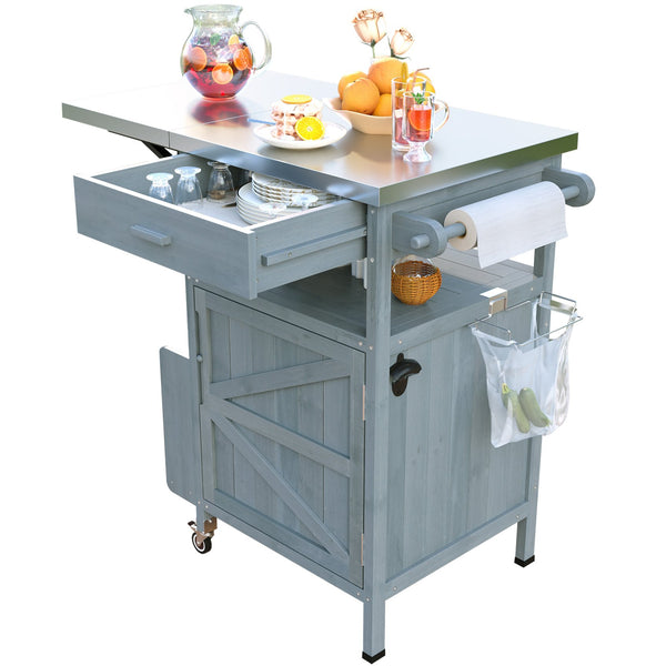 English Elm K&K 40.5" Outdoor Grill Cart with 201 Stainless Top, Solid Fir Storage, Drop Leaf & Lockable Wheels Blue+Grey N707P228272G