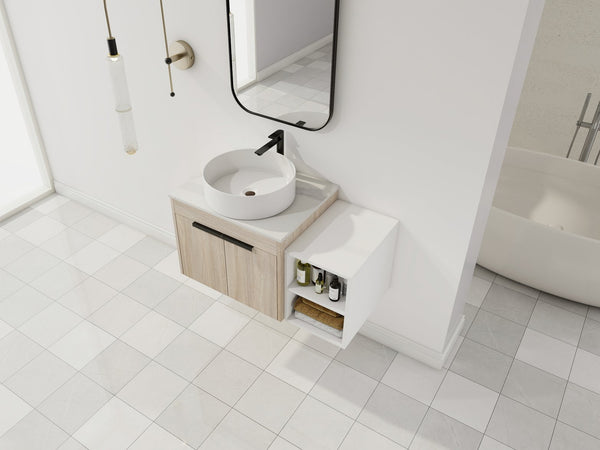 English Elm 36" Modern Floating Bathroom Vanity With Ceramic Sink, White Stone Slab & Smart Storage Solutions W999S00288