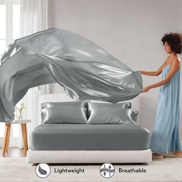 English Elm 4 Luxury Satin Twin Sheet Set - 100% Polyester, Soft Smooth 90g Finish, Deep Pocket Fit & Breathable Comfort Grey 11.81 L x 9.84 W x 3.15 H B035P319693