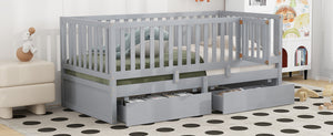 English Elm Twin Pinewood Daybed with Fence Guardrails Splits Into Two Floor Beds Storage Gray LP100881AAE