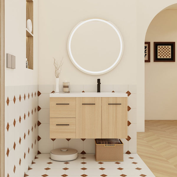 English Elm 36" Floating Bathroom Vanity Light Oak Gel Coat Sink Modular Storage Cabinet W3450S00084