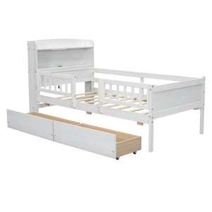 English Elm Wood Twin Size Platform Bed with Built-in LED Light, Multifunctional Headboard, Guardrail & Storage Drawers White N709P243969K