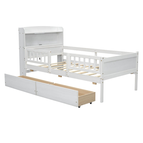 English Elm Wood Twin Size Platform Bed with Built-in LED Light, Multifunctional Headboard, Guardrail & Storage Drawers White N709P243969K