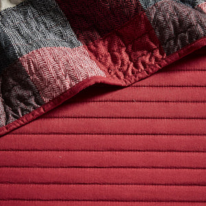 English Elm 6 Reversible Plaid Daybed Cover Set Red & Black Herringbone Quilt Twin Cabin Style Bedding Set B03597555