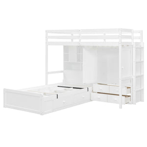 English Elm Twin Bunk Bed with Wardrobe Drawers Hydraulic Lift Shelves Kids Storage White LT000666AAK-1
