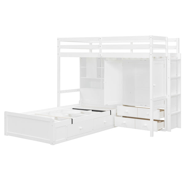 English Elm Twin Bunk Bed with Wardrobe Drawers Hydraulic Lift Shelves Kids Storage White LT000666AAK-1