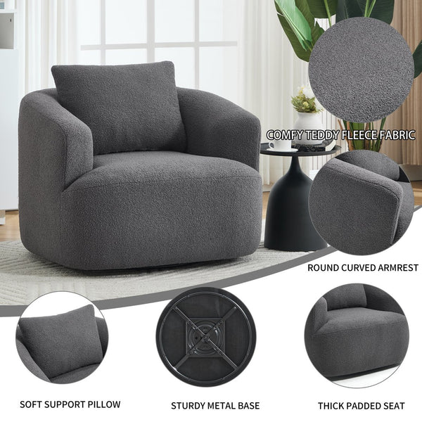 English Elm 360° Swivel Barrel Chair Teddy Fleece Upholstery with Pillow for Bedroom Reading Nook Antique Dark Grey W1803P363033