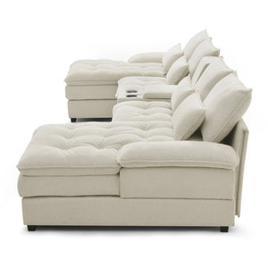 English Elm 130" U-shaped Sectional Sofa Six Seat Linen Upholstered with Built-in Console and Chaise Beige W1117S00271