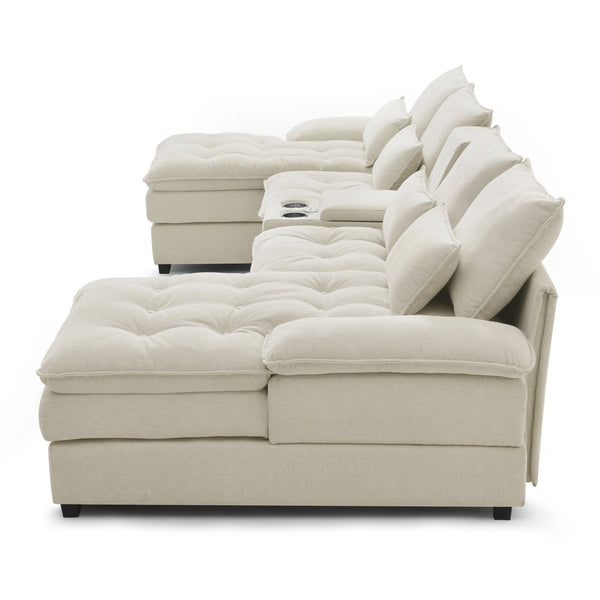 English Elm 130" U-shaped Sectional Sofa Six Seat Linen Upholstered with Built-in Console and Chaise Beige W1117S00271