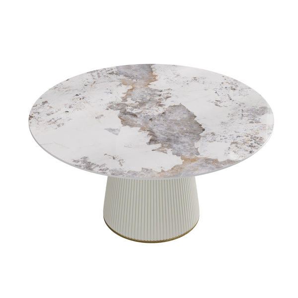 English Elm 59.05 "Elegant Round White Artificial Stone Dining Table For 8 - Modern Beige Plywood Base Design" W1535S00450