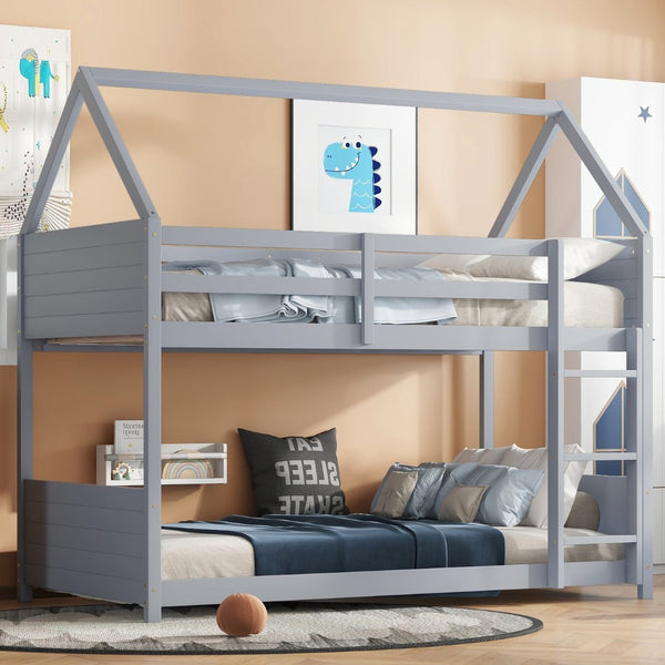 English Elm Twin Over Twin House Floor Bunk Bed With Safety Guardrails, Ladder & Playful Grey Design For Kids W504P314948-GIGA