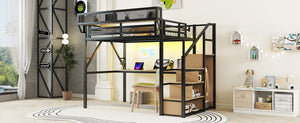 English Elm Full Loft Bed with Desk and Charging Station, Metal Loft with Stairs, Wardrobe, Shelves & Light Black W2580S00047