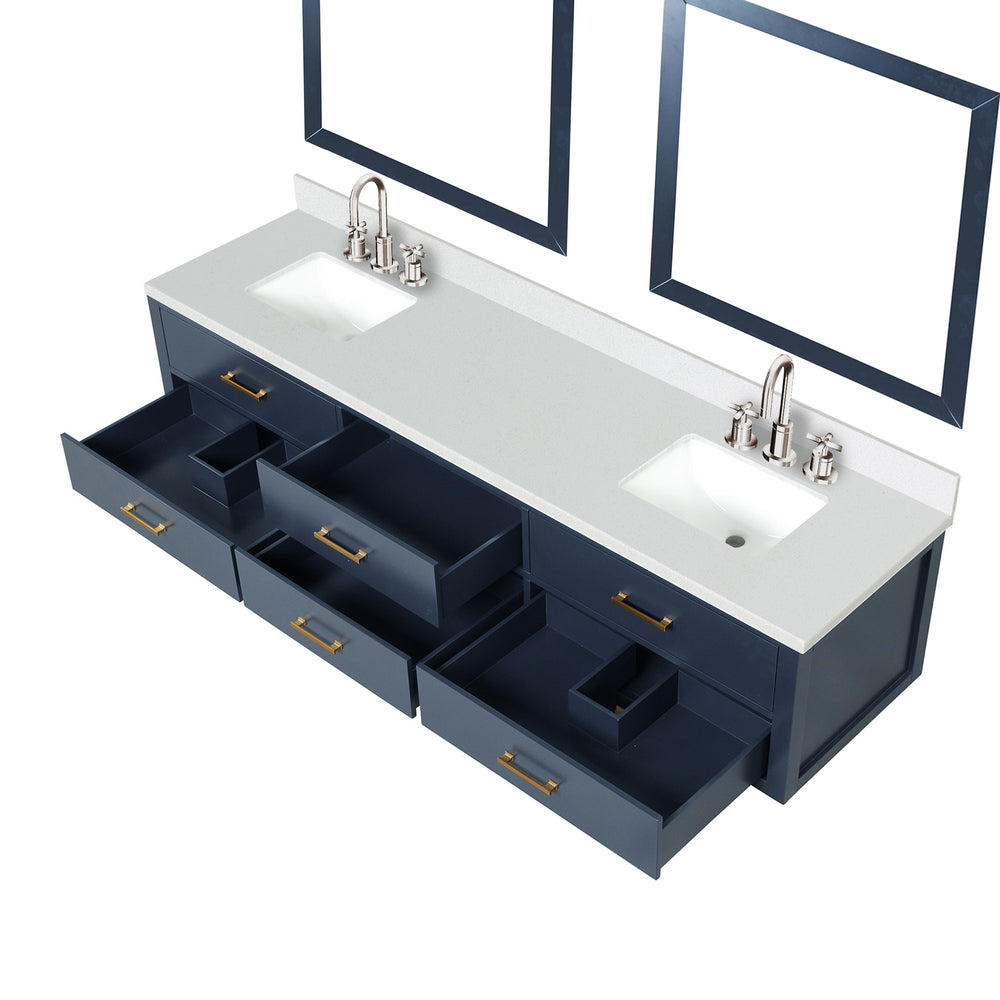 English Elm Blue Double Bath Vanity Set With White Quartz Top, Chrome Faucets, And Dual 36" Mirrors - Elegant Storage B2731S01847