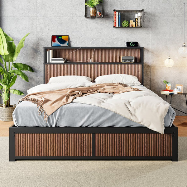 English Elm Large Walnut French Bed Frame with 8 Extra-Large Drawers, Reinforced Iron Support, USB Socket W1858P336607