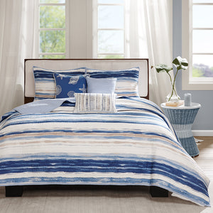 JLA Home Madison Park - 6 Piece Reversible Quilt Set with Coastal Watercolor Stripes, Embroidered Seashell Pillows, Soft Care 90 L x 90 W x 0.25H MP13-2425