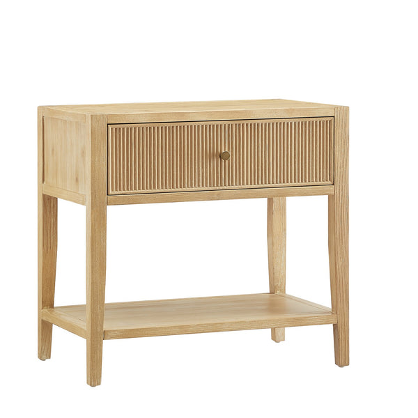 English Elm Fleur Natural 1-Drawer Nightstand with Reeded Drawer, Gold Pull, Tapered Legs, Lower Shelf, 29" H B050P376966