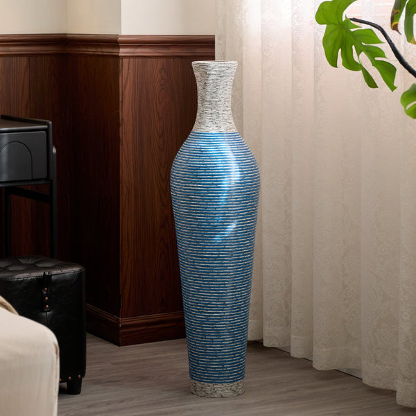 English Elm 39-Inch Tall Designer Floor Vase in Lake Blue PVC with Brushed Gold Accents for Dramatic Room Styling W2796P300933