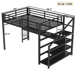 English Elm Twin Xl Metal Loft Bed with Stair Storage Shelves Sturdy Steel Frame for Dorms W1580S00434
