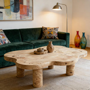 English Elm 40-inch Cloud Shaped Coffee Table Sculptural Mdf Top with Tapered Legs for Living Rooms Natural Wood W3935S00005
