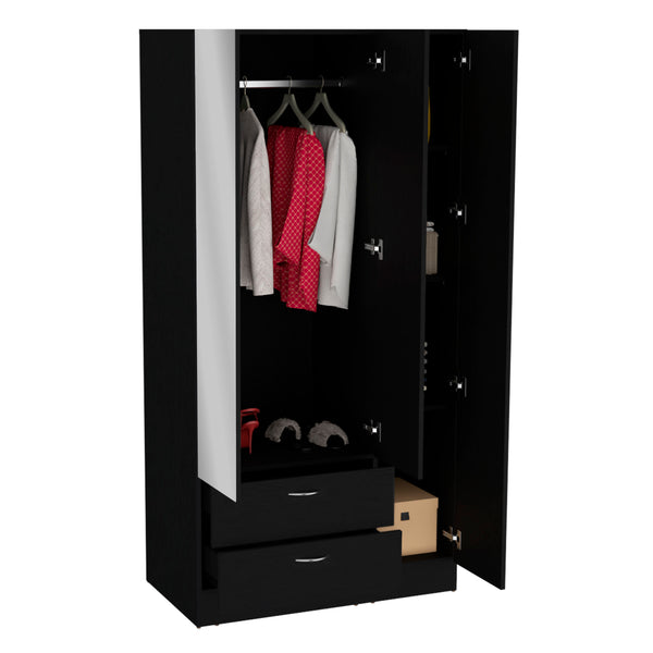 English Elm Riverside Mirrored Armoire with Three Doors, Two Drawers, Four Shelves and Hanging Rod for Wardrobe Organization Black 71 L x 16.9 W x 3.9 H B070S00215