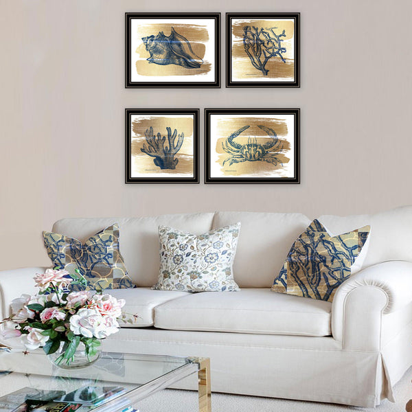 English Elm Trendy Gold Sea Coastal Four Panel Matte Black Framed Art Set for Living Room B067P255239