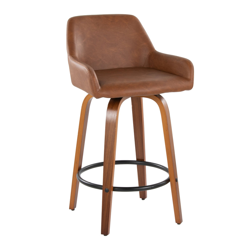 English Elm 26" Mid-century Swivel Counterstools Walnut Legs Camel Faux Leather Seat Set of 2 B202S00235