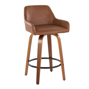 English Elm 26" Mid-century Swivel Counterstools Walnut Legs Camel Faux Leather Seat Set of 2 B202S00235
