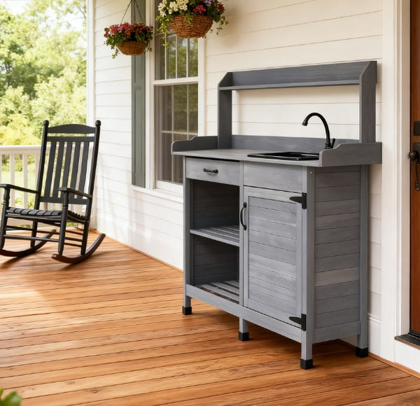 English Elm Potting Bench Solid Fir Wood Farmhouse Outdoor Workstation with Sink and Storage T3971P422859