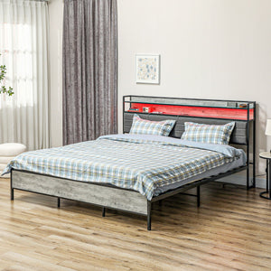 English Elm HOMCOM King Bed Frame with LED RGB Headboard, Charging Station, Under-Bed Storage, Quiet Steel Support W2225P249916