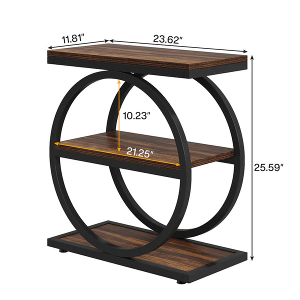 English Elm Modern Two Tier End Table Black Metal Frame Wood Grain Surface for Living Room T3971P451267