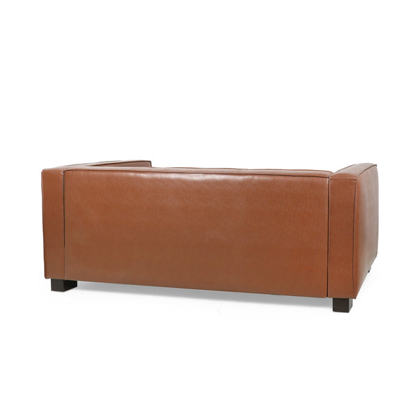 English Elm Light Brown Leather Three Seat Sofa with Dark Wood Legs for Modern Living Rooms N770P387768E