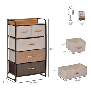 English Elm HOMCOM 5-Drawer Dresser with Foldable Fabric Drawers, Steel Frame & Maple Top — Safe Spacious Storage W2225P229648