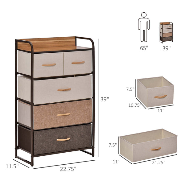 English Elm HOMCOM 5-Drawer Dresser with Foldable Fabric Drawers, Steel Frame & Maple Top — Safe Spacious Storage W2225P229648