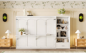 English Elm Queen Murphy Wall Bed with Folding Platform Side Cabinet Drawer and Adjustable Shelves White N733S407545K