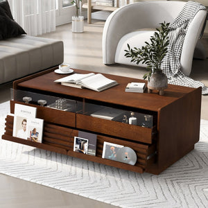 English Elm U-Can Stylish Rectangle Coffee Table With 4 Drawers & 2 Shelves, Elegant Fluted Design For Living Room N724P286421D-GIGA