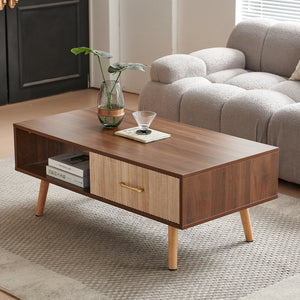 English Elm Rectangle Coffee Table With Solid Wood Legs, Modern Design, Storage Drawer, Walnut Finish Elegance W1265P236869-GIGA