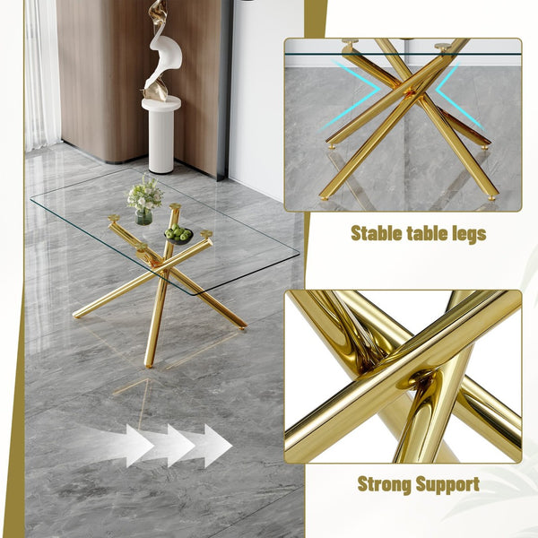 English Elm Table Set - Modern 7-Piece Dining Set With Transparent Tempered Glass Top & 6 Black Pu Chairs, Gold Legs W1151S02589-GIGA