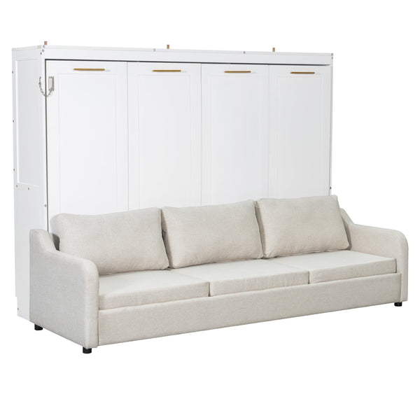English Elm Queen Murphy Cabinet Bed with Linen Sofa Built-in Shelves and Integrated Led Light N7090000603A-1